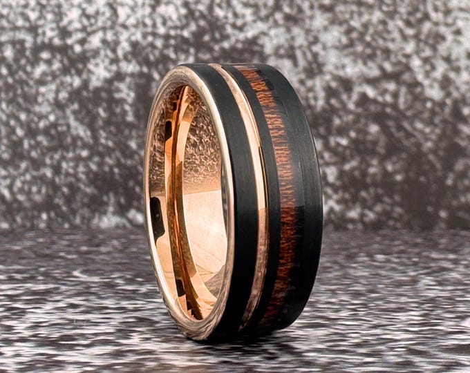 Black Wedding Band with Wood Inlay and Rose Gold Groove, Rose Gold and Black Tungsten Ring for Men Women, 6MM 8MM, Black Wood Ring Band Men