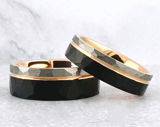 Hammered Black Silver and Rose Gold Tungsten Carbide Ring Wedding Band for Men Women, Available in 4mm 6mm 8mm and Half Sizes Available