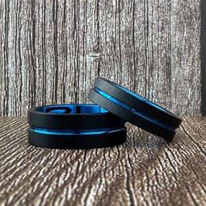 Blue Tungsten Ring Black Wedding Band for Men Women Tungsten Carbide 8MM 6MM Black Brushed Blue Polished Ring Birthday Anniversary Proposal