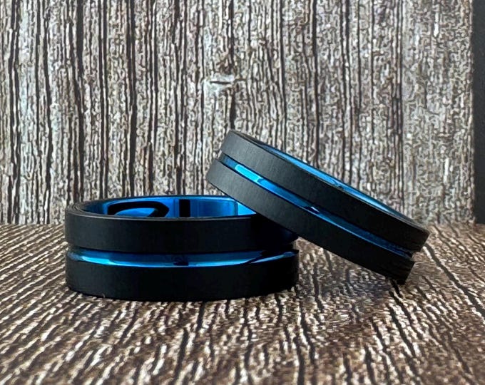 Blue Tungsten Ring Black Wedding Band for Men Women Tungsten Carbide 8MM 6MM Black Brushed Blue Polished Ring Birthday Anniversary Proposal