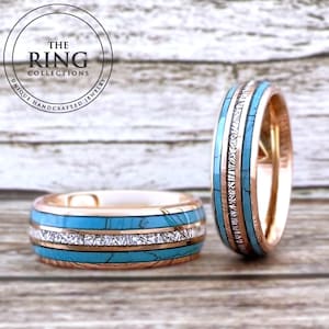 8mm 6mm Rose Gold Turquoise Meteorite Wedding Band for Men Woman His Hers Couple Ring Set Anniversary Engagement Tungsten Ring