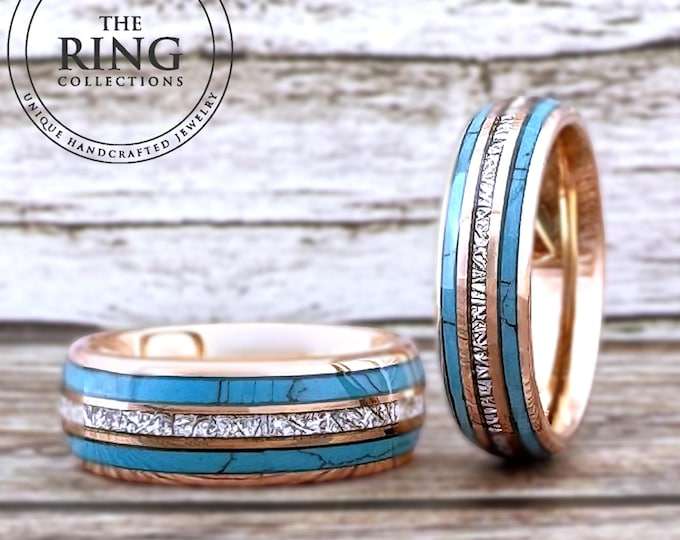 Rose Gold Turquoise and Meteorite Tungsten Ring Wedding Band for Men Woman. 8mm and/or 6mm in Sizes 5 to 15, half sizes available