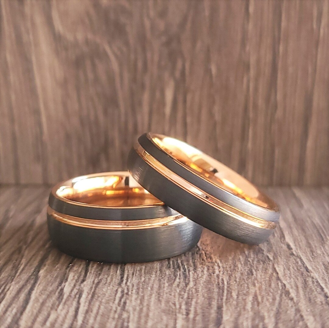Black Rose Gold Wedding Band for Men Women, Black and Rose Gold