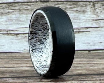 Black Tungsten Ring Wedding Band with Deer Antler Interior for Men and Women. Half Sizes available 4 to 15 in 6mm and 8mm.