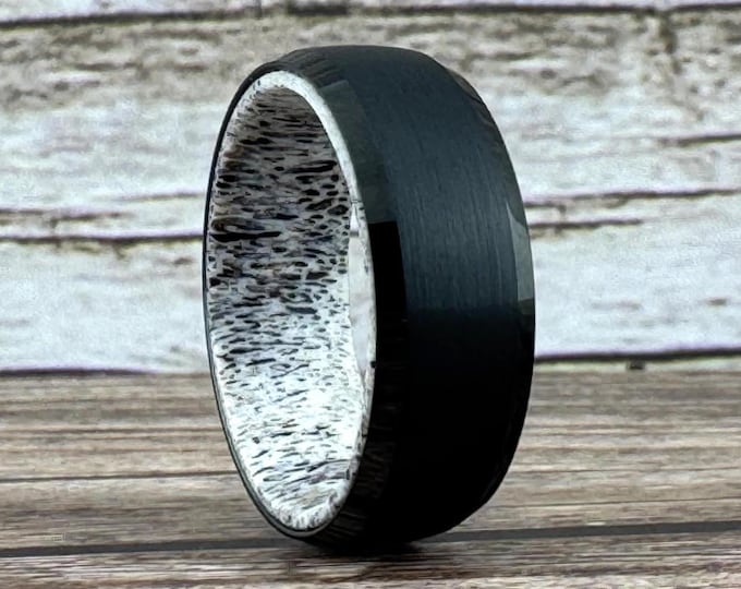 Black Tungsten Ring Wedding Band with Deer Antler Interior for Men and Women. Half Sizes available 4 to 15 in 6mm and 8mm.