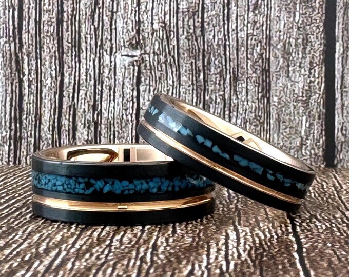 Black and Rose Gold Ring with Turquoise Inlay, Black Tungsten Wedding Band for Men Women, Black Rose Gold Turquoise Ring, Anniversary Gift