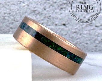 8MM Rose Gold Tungsten Carbide Ring Wedding Band with Green Opal for Men and Women, Perfect Gift for Him and Her on Anniversary and Birthday