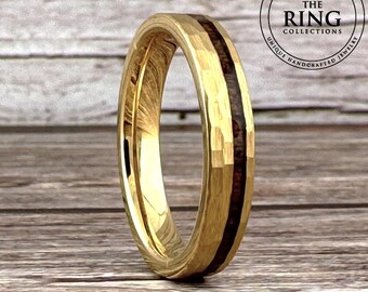 4mm Gold Hammered Tungsten Ring for Men Women, Thin Gold Tungsten Ring with Koa Wood, Wedding Band Men Women, Anniversary Gift Him Her Wife