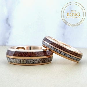 Deer Antler and Wood Tungsten Wedding Band Ring for Men Women, Rose Gold Ring Men, Deer Antler Ring Men Male, Rose Gold Band Koa Wood