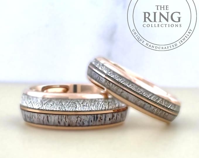 Hammer Wedding Band with Deer Antler Meteorite Inlay Rose Gold Tungsten Carbide Ring for Men Women Pink Gold Engagement Band Love Ring Set