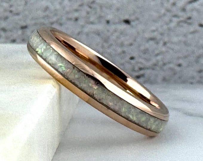 4mm Rose Gold Tungsten Carbide Ring Wedding Band with Crushed White Fire Opal for Woman Men, Unique Anniversary Ring Gift for Her Him