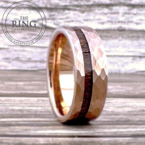 Rose Gold Hammered Wedding Band for Men Women, Tungsten Ring with Wood Inlay, 4MM, 6MM, 8MM, Tungsten Wedding Band Men Women, Wood Ring Band
