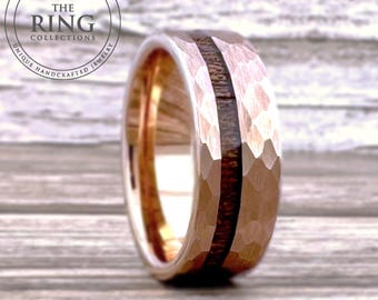 Rose Gold Hammered Wedding Band for Men Women, Tungsten Ring with Wood Inlay, 4MM, 6MM, 8MM, Tungsten Wedding Band Men Women, Wood Ring Band