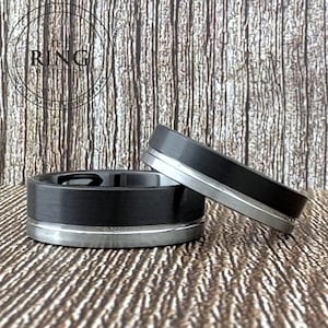 Black and Silver Tungsten Ring for Men Women, Black Obsidian and Gray Brushed Wedding Band, Anniversary Gift, 8MM 6MM, Half Sizes Available