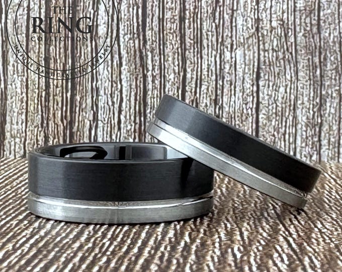Black and Silver Tungsten Carbide Ring Wedding Band with Gray Groove for Men Women, Available in 6MM and 8MM. Half Sizes 4 to 15 available