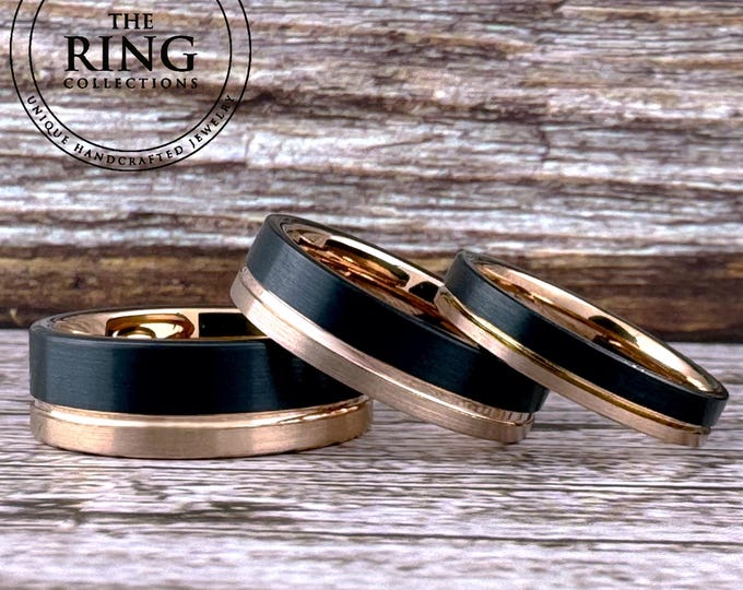 Black and Rose Gold Tungsten Carbide Ring Wedding Band for Men Women, Available in 4MM 6MM 8MM and Half Sizes