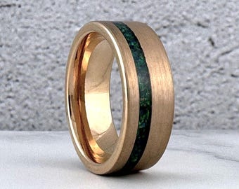 8MM Rose Gold Tungsten Carbide Ring Wedding Band with Green Opal for Men and Women, Perfect Gift for Him and Her on Anniversary and Birthday