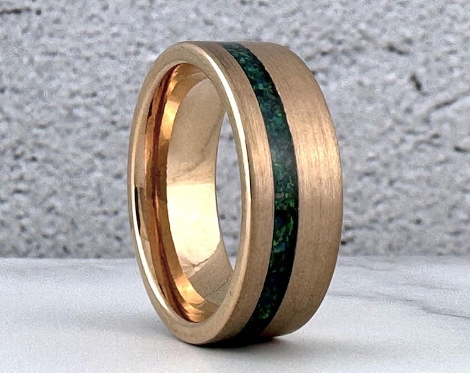 8MM Rose Gold Tungsten Carbide Ring Wedding Band with Green Opal for Men and Women, Perfect Gift for Him and Her on Anniversary and Birthday