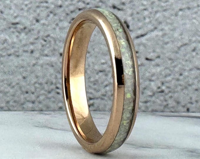 4mm Rose Gold Tungsten Carbide Ring Wedding Band with Crushed White Fire Opal for Woman Men, Unique Anniversary Ring Gift for Her Him