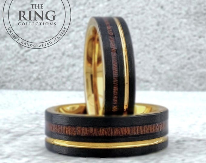 Black Gold Wood Wedding Band with Wood Inlay and Gold Groove, Black Tungsten Ring for Men Women, 6MM 8MM, Black Wood Gold Ring Band for Men
