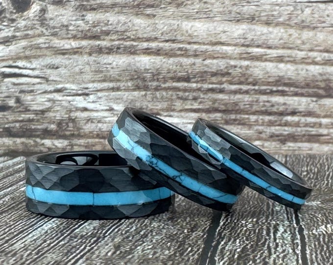 Black and Turquoise Hammered Tungsten Ring for Men Women, Black Wedding Band for Men Women, Black Ring with Turquoise Inlay, Turquoise Ring