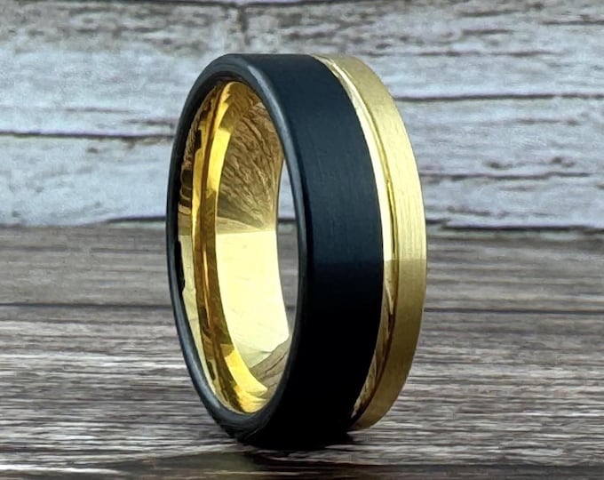 Black and Gold Tungsten Carbide Ring Wedding Band for Men Women, Available in 4mm, 6mm and 8mm. Sizes 4 to 15 (half sizes available).