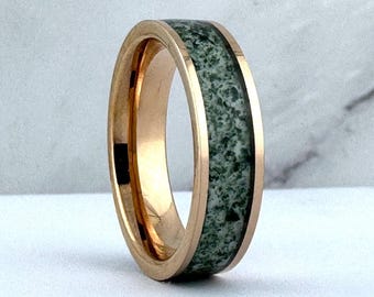 Moss Agate Ring, 6MM Green Moss Agate Wedding Band, Rose Gold Wedding Band Men, Couples Wedding Band, Gift for Him Her, Unique Wedding Band
