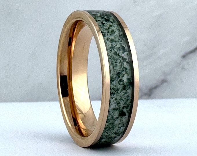 Moss Agate Ring, 6MM Green Moss Agate Wedding Band, Rose Gold Wedding Band Men, Couples Wedding Band, Gift for Him Her, Unique Wedding Band