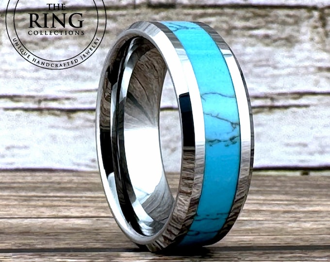 Silver Wedding Band Men Women Turquoise Tungsten Ring Silver Color High Polished Finish 4MM 6MM 8MM Width Blue Aqua Color Anniversary Ring