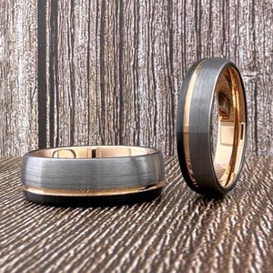 8MM 6MM Silver Black and Rose Gold Tungsten Ring for Men Women, Black Silver Rose Gold Wedding Band, Rose Gold Ring, Black Ring, Half Sizes