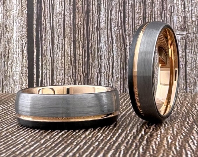 8MM 6MM Silver Black and Rose Gold Tungsten Ring for Men Women, Black Silver Rose Gold Wedding Band, Rose Gold Ring, Black Ring, Half Sizes