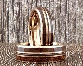 Rose Gold Tungsten Wedding Band Ring with Guitar String and Double Wood Inlay for Men Women, 6mm 8mm, Sizes 4 to 15, Half Sizes Available