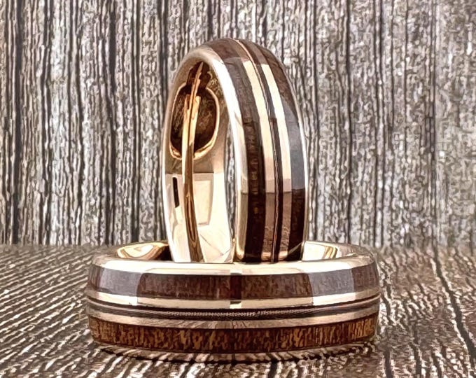 Rose Gold Tungsten Wedding Band Ring with Guitar String and Double Wood Inlay for Men Women, 6mm 8mm, Sizes 4 to 15, Half Sizes Available