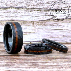 Black Hammered Wood Inlay Tungsten Ring Men Women Wedding Band Black Brushed Finish Koa Wood 4MM 6MM 8MM Engagement Promise Ring Set