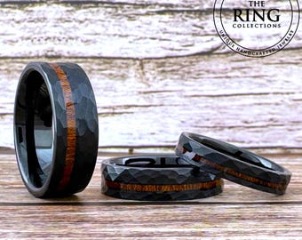 Black Hammered Tungsten Carbide Ring Wedding Band with Koa Wood for Men Women, Available in 4mm 6mm 8mm