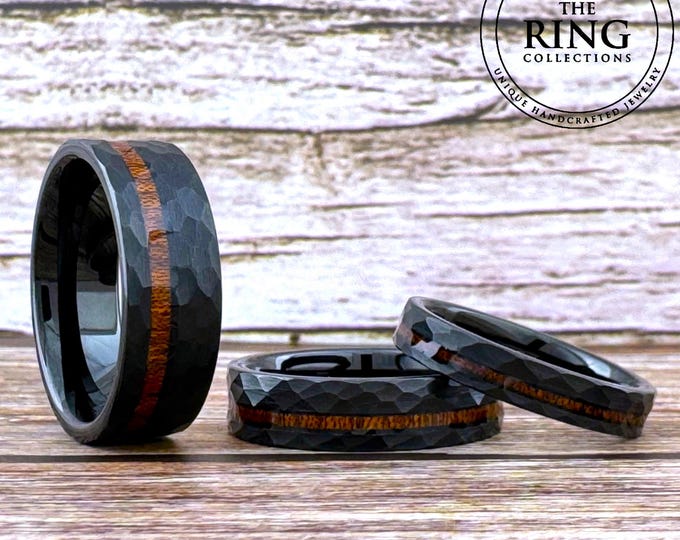 Black Hammered Tungsten Carbide Ring Wedding Band with Koa Wood for Men Women, Available in 4mm 6mm 8mm