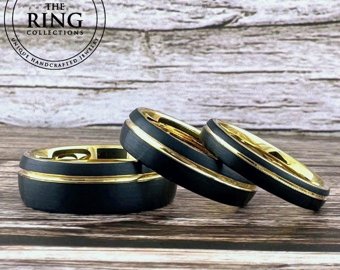 Black Tungsten Carbide Ring Wedding Band with Gold Groove and Inside for Men or Women, Domed and Matte Brushed Surface, Half Sizes Available