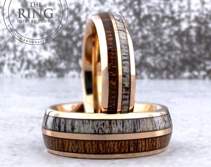 Rose Gold Tungsten Ring Wedding Band with Deer Antler and Koa Wood for Men and Women. Half Sizes available 4 to 15 in 6mm and 8mm.