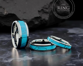 Turquoise Tungsten Ring Grey Silver Wedding Band for Men and Women Western Jewelry