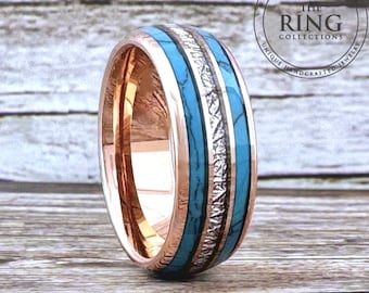 Rose Gold Turquoise and Meteorite Tungsten Ring Wedding Band for Men Woman. 8mm and/or 6mm in Sizes 5 to 15, half sizes available