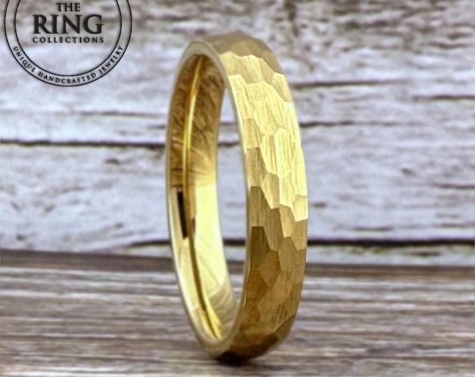 Men Women Gold Hammered Wedding Band Gold Comfort Fit Tungsten Band Engagement Anniversary Ring 4MM 6MM 8MM Great His and Hers Ring Set