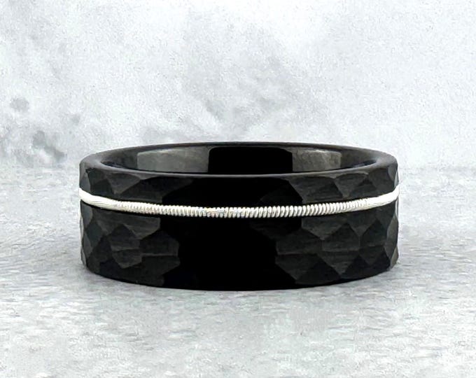 8mm Black Hammered Tungsten Ring Wedding Band with Guitar String Inlay for Men Women. Sizes 5 to 15 (half sizes available).