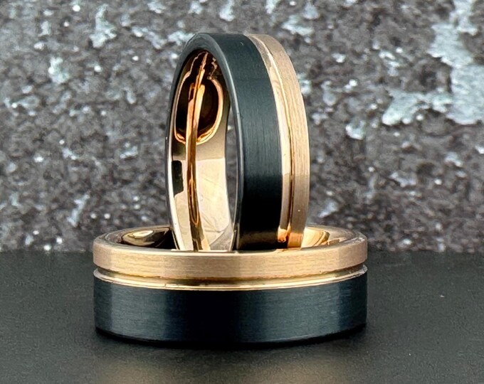 Black and Rose Gold Tungsten Carbide Ring Wedding Band for Men Women, Available in 4MM 6MM 8MM and Half Sizes