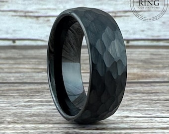 Black Hammered Wedding Band for Men Women Obsidian Tungsten Ring Black His Hers Anniversary Engagement Ring 8MM 6MM 4MM Half Sizes 4 to 15