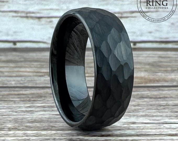 Black Hammered Wedding Band for Men Women Obsidian Tungsten Ring Black His Hers Anniversary Engagement Ring 8MM 6MM 4MM Half Sizes 4 to 15