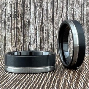 Black and Silver Tungsten Ring Wedding Band for Men Women, 8MM 6MM Half Sizes Available, Black Obsidian and Gray Ring, Anniversary Gift