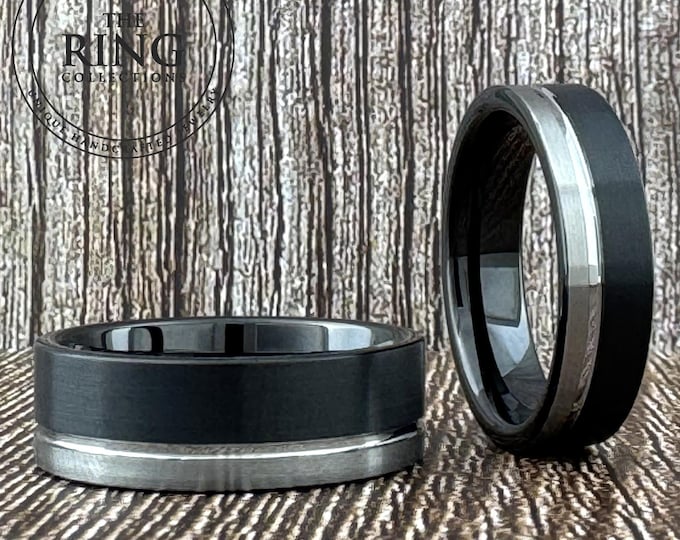 Black and Silver Tungsten Carbide Ring Wedding Band with Gray Groove for Men Women, Available in 6MM and 8MM. Half Sizes 4 to 15 available
