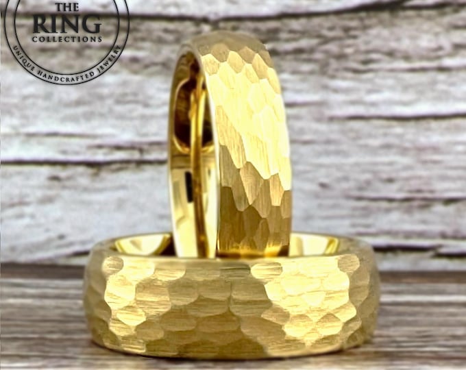 Gold Tungsten Hammered Ring Men Women Wedding Band Brushed Gold Anniversary Classic Ring Tungsten Carbide Ring Proposal Anniversary Ring