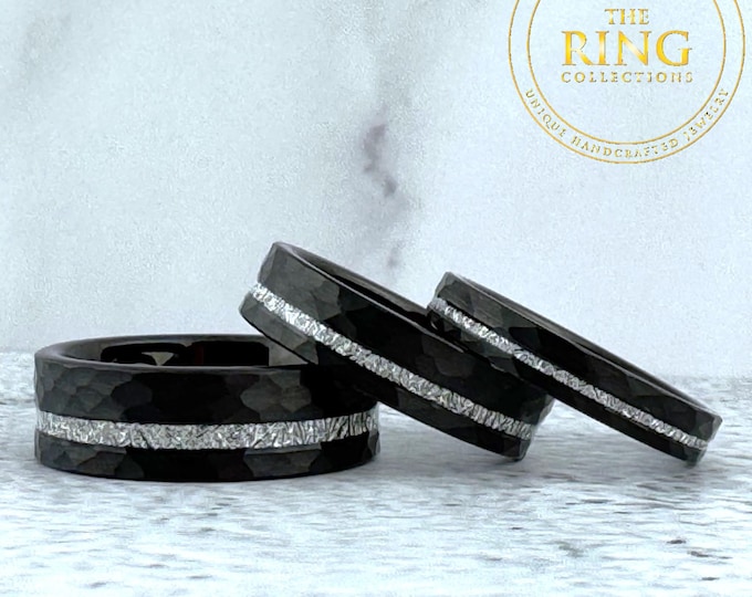 Black Hammered Tungsten Ring with Meteorite Inlay, Black Wedding Band Men Women, Meteorite Ring Wedding Band, 4MM 6MM 8MM, Anniversary Gift