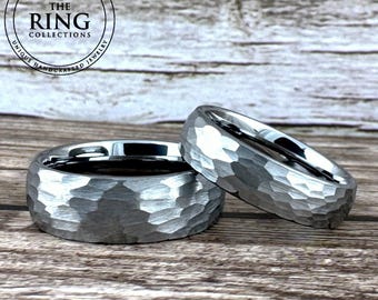 Silver Hammered Tungsten Ring Wedding Band for Men Women, Gray Tungsten Ring, Silver Wedding Band for Men Women, Engagement, 8mm 6mm 4mm
